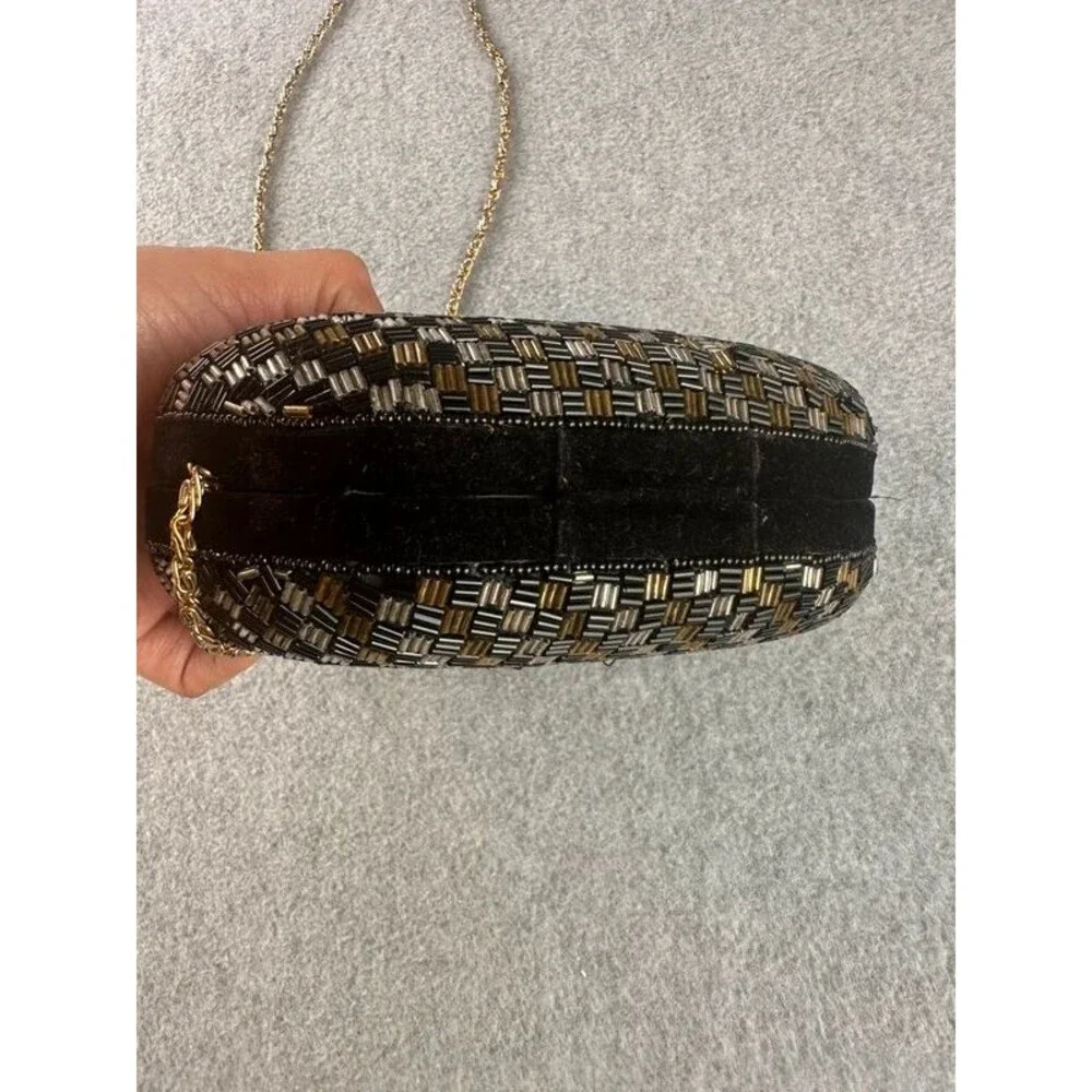 Vintage Art Deco Style Bugle Bead Crossbody Clutch Metallic Velvet Evening Bag